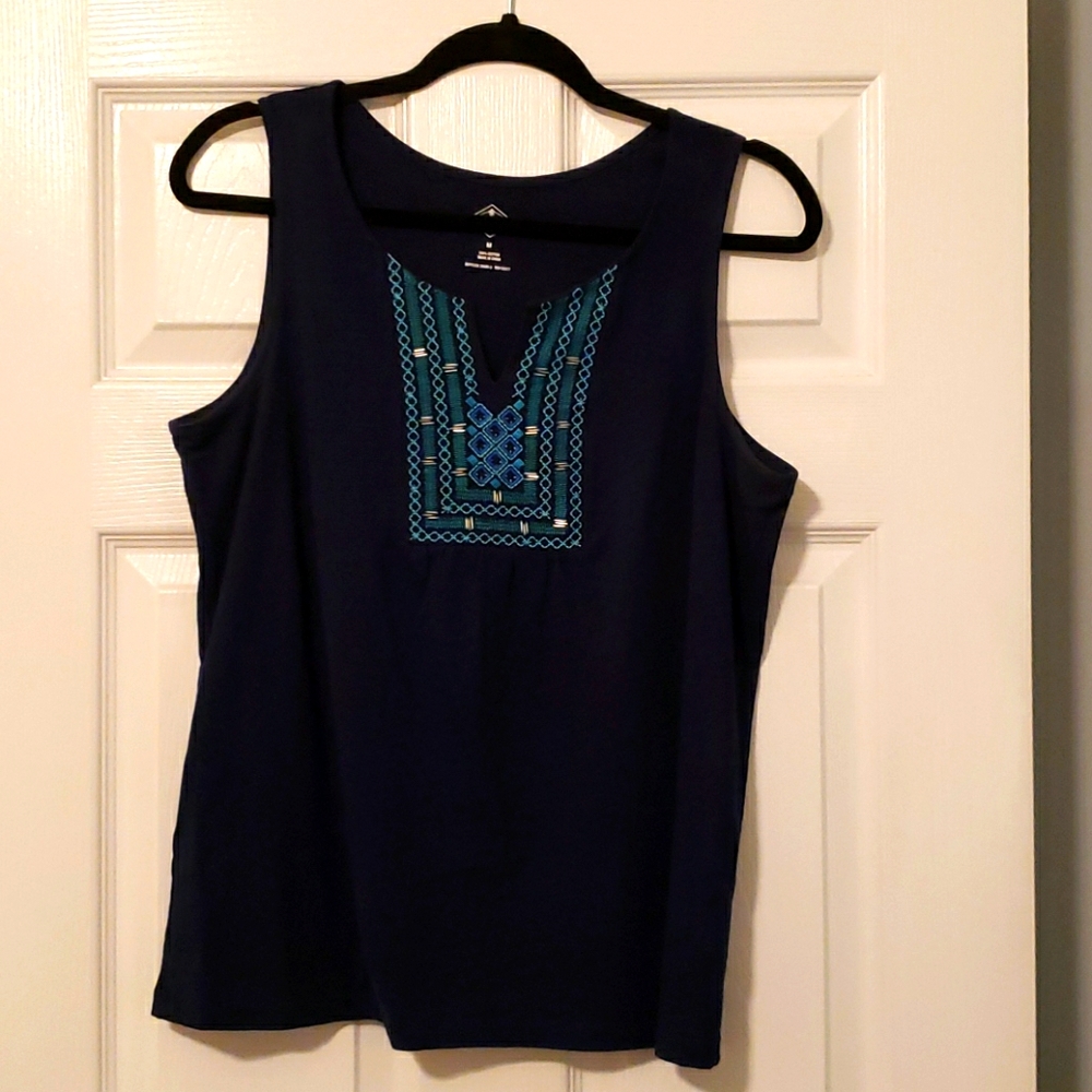 Sleeveless Navy Shirt w/turquoise embroidery